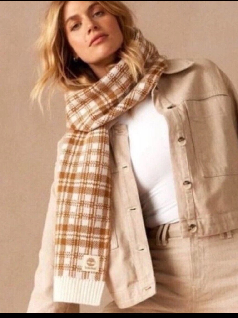 NWT Timberland Buffalo Plaid Knit Classic Scarf in Caramel and Cream